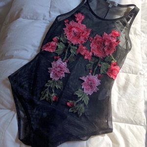 mesh floral embroidery bodysuit